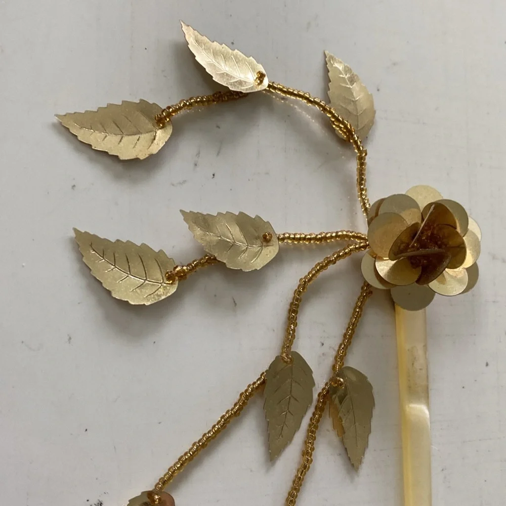 Vintage Gold Flower Hair Stick Pin with Gold Leaf Tassels. Made in Hong Kong